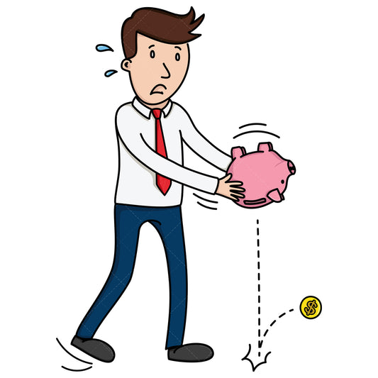 Royalty-free stock vector illustration of a businessman trying to find money in piggy bank.