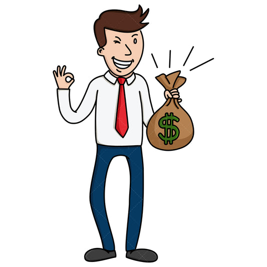 Royalty-free stock vector illustration of a cocky businessman holding money bag.