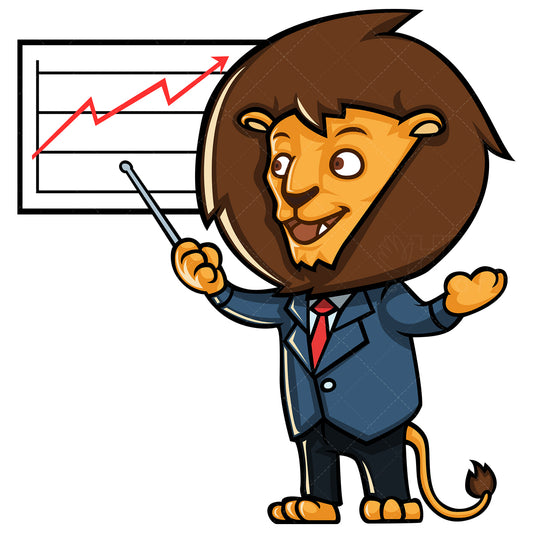 Royalty-free stock vector illustration of a business lion pointing at growth chart.