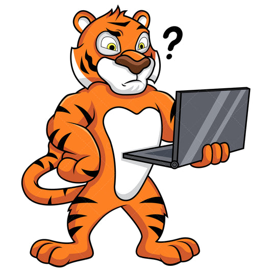 Royalty-free stock vector illustration of a confused tiger holding a computer.