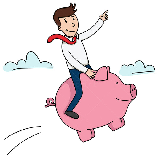 Royalty-free stock vector illustration of a businessman riding a piggy bank.