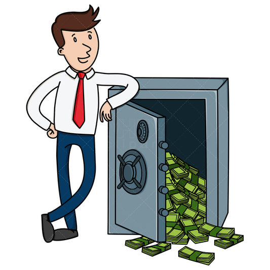 Royalty-free stock vector illustration of a businessman leaning on safe vault full of money.