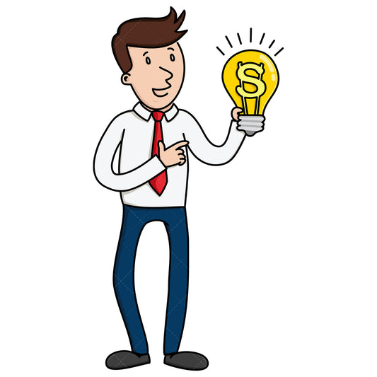 Royalty-free stock vector illustration of a businessman holding up a huge light bulb.