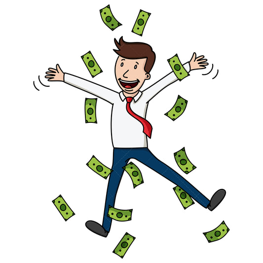 Royalty-free stock vector illustration of a business man happy around money.
