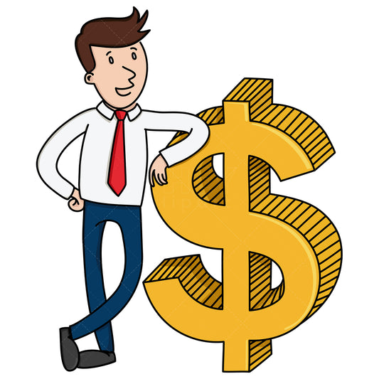 Royalty-free stock vector illustration of a businessman leaning on a tall dollar sign.