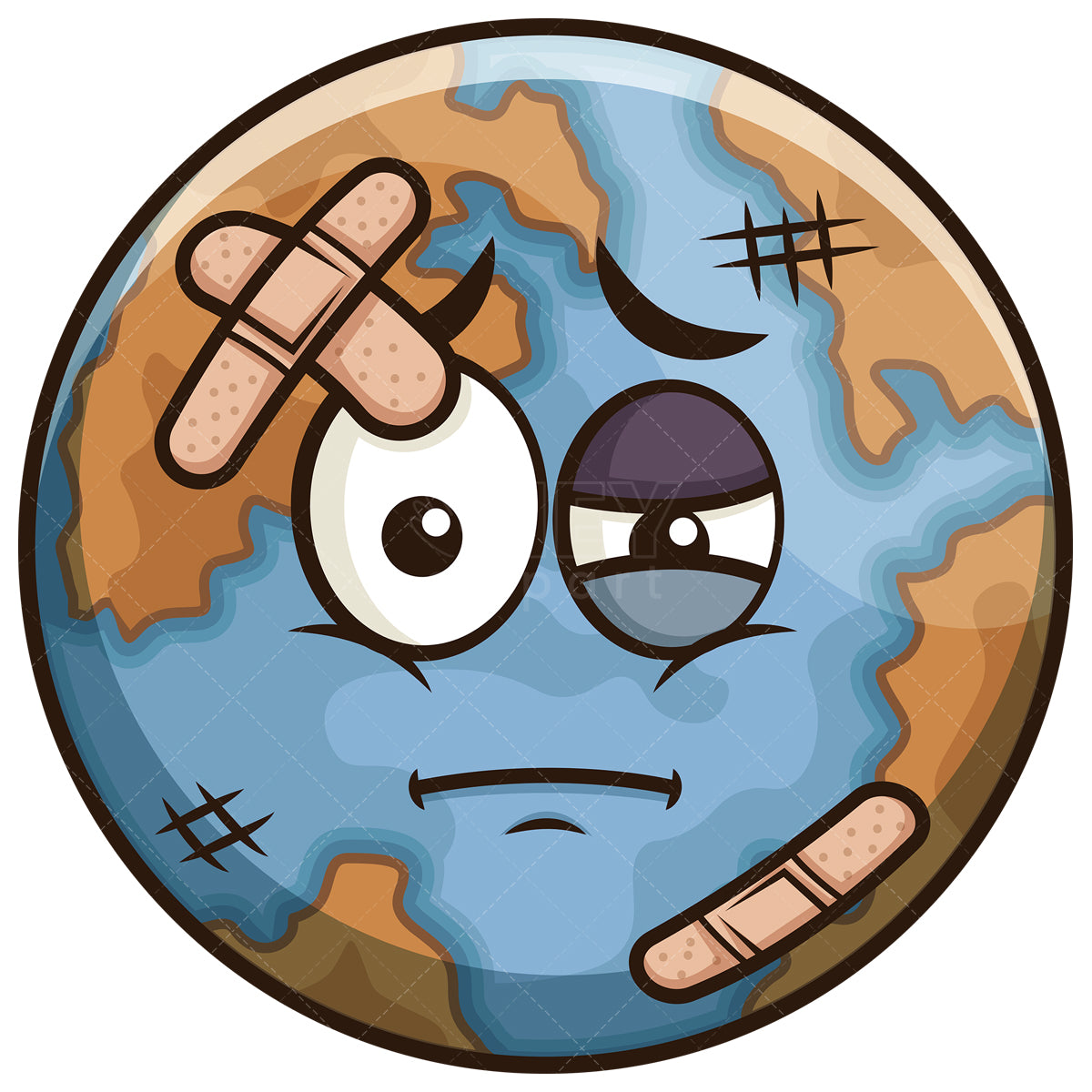 Royalty-free stock vector illustration of an injured earth emoji.