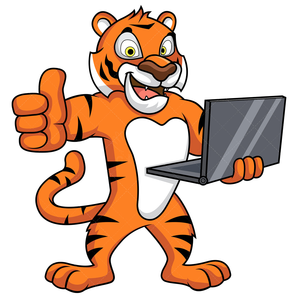 Royalty-free stock vector illustration of a tiger holding a laptop.