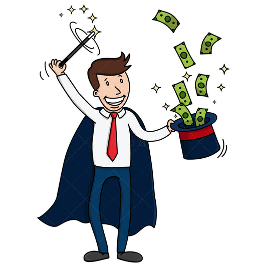 Royalty-free stock vector illustration of a magician business man pulling money out of a hat.