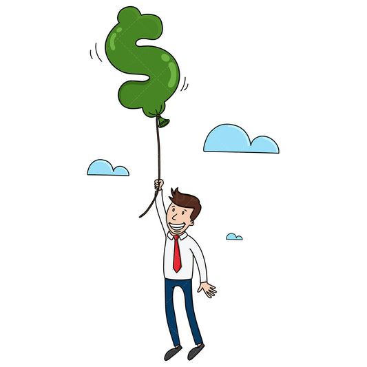Royalty-free stock vector illustration of a businessman flying with a dollar shaped balloon.