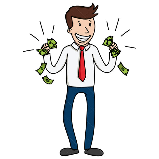 Royalty-free stock vector illustration of a businessman with fistfuls of cash bills.