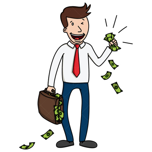 Royalty-free stock vector illustration of a wealthy businessman with cash flowing.