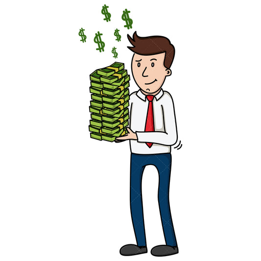 Royalty-free stock vector illustration of a man holding a pile of cash bundles.