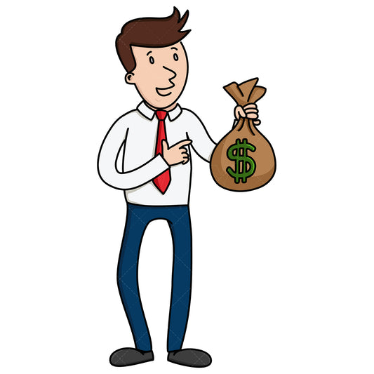 Royalty-free stock vector illustration of a businessman pointing to a cash bag.