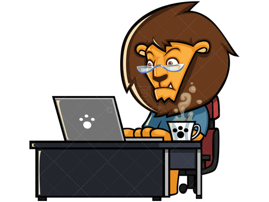 Royalty-free stock vector illustration of a lion working on a laptop.