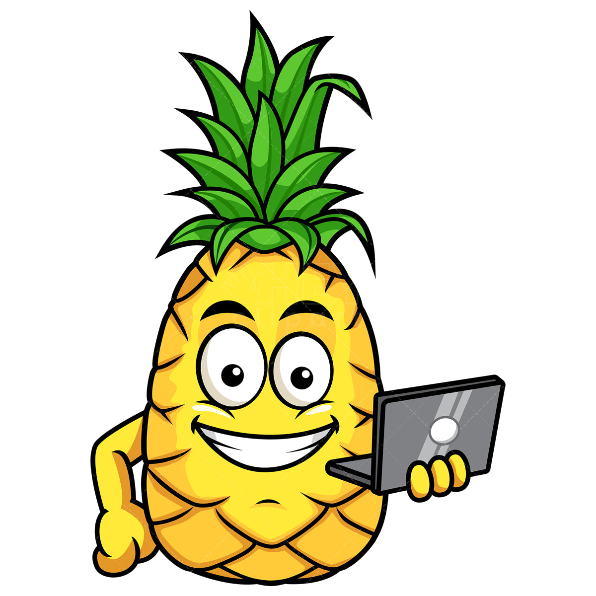 Royalty-free stock vector illustration of  a pineapple holding laptop.