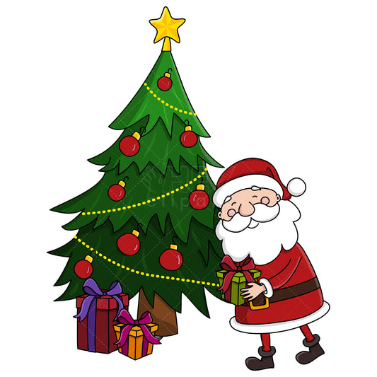 Royalty-free stock vector illustration of  a santa placing a present under the christmas tree.