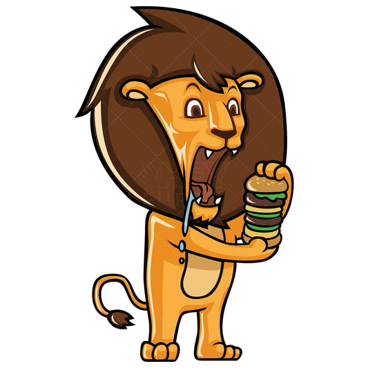 Royalty-free stock vector illustration of a lion devouring a huge hamburger.