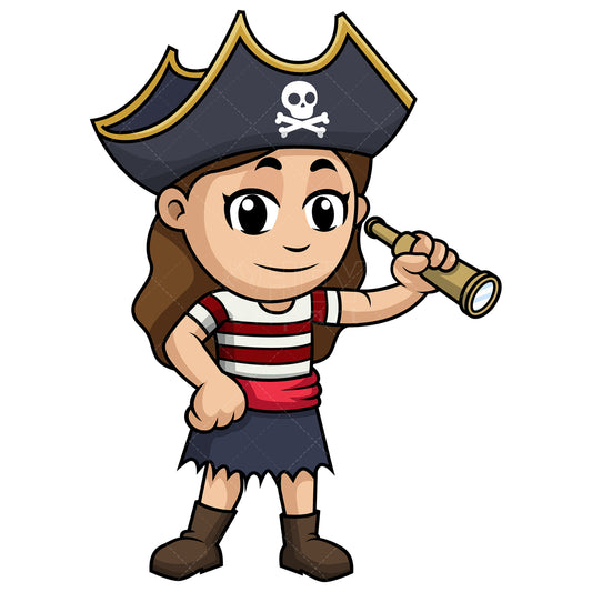 Royalty-free stock vector illustration of  a little girl pirate with spyglass.