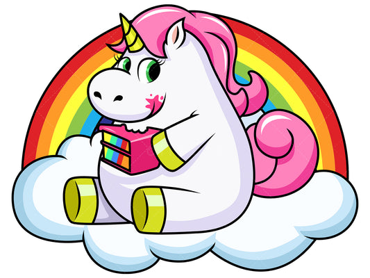 Royalty-free stock vector illustration of a unicorn eating cake.