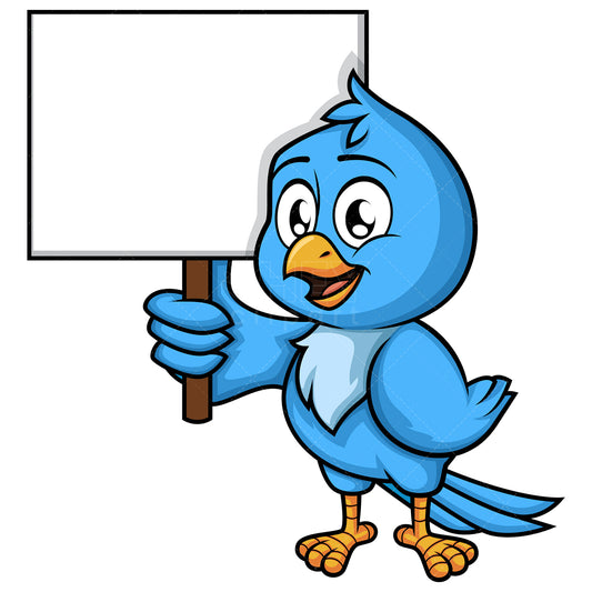 Royalty-free stock vector illustration of  a blue bird holding blank sign.