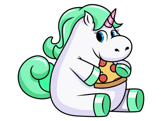 Royalty-free stock vector illustration of a chubby unicorn eating pizza.