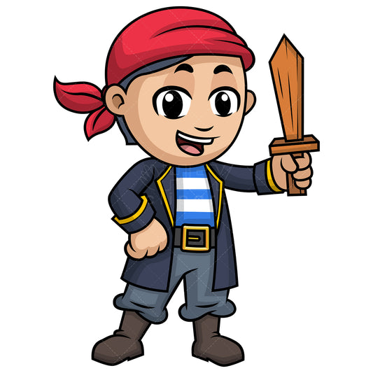 Royalty-free stock vector illustration of  a little boy pirate with wooden sword.