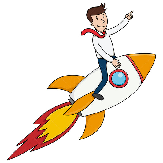 Royalty-free stock vector illustration of a businessman on rocketship.