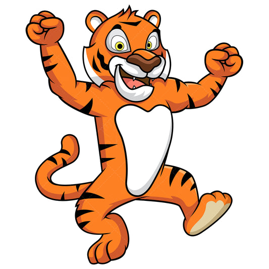 Royalty-free stock vector illustration of an excited tiger mascot dancing.