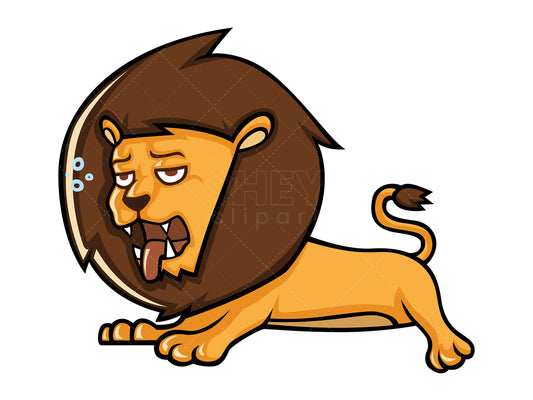 Royalty-free stock vector illustration of an exhausted lion laying down.
