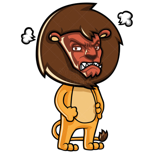 Royalty-free stock vector illustration of a mean and grumpy lion with face turning red from anger.