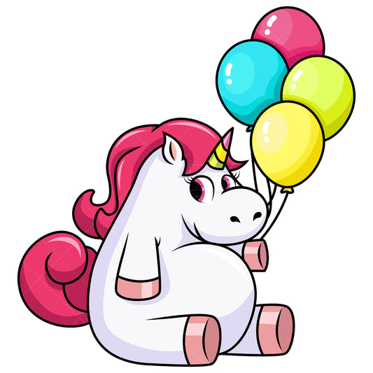 Royalty-free stock vector illustration of a chubby unicorn holding balloons.