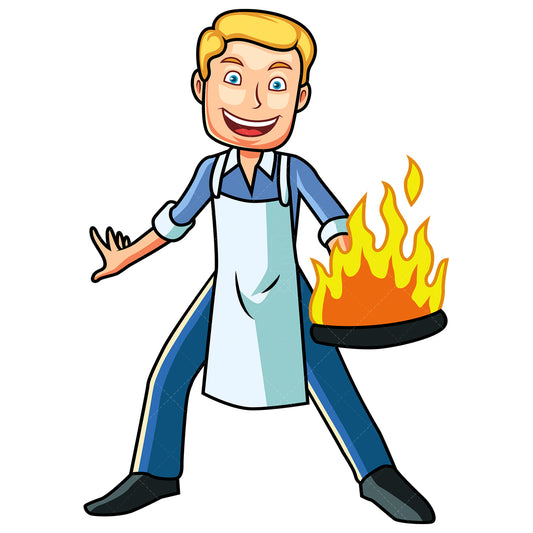 Royalty-free stock vector illustration of a man holding hot pan flambe.