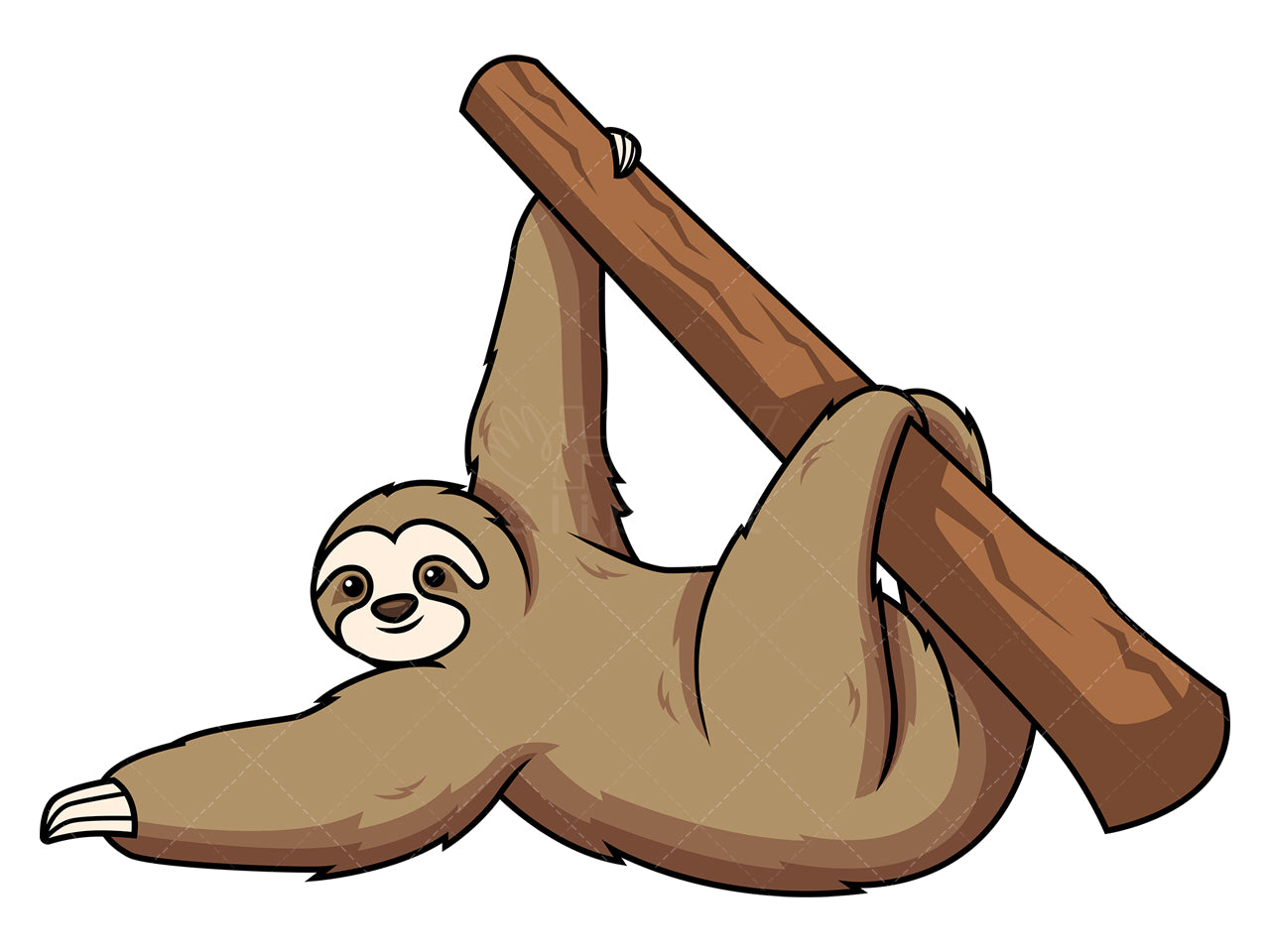 Royalty-free stock vector illustration of a sloth hanging from tree branch.