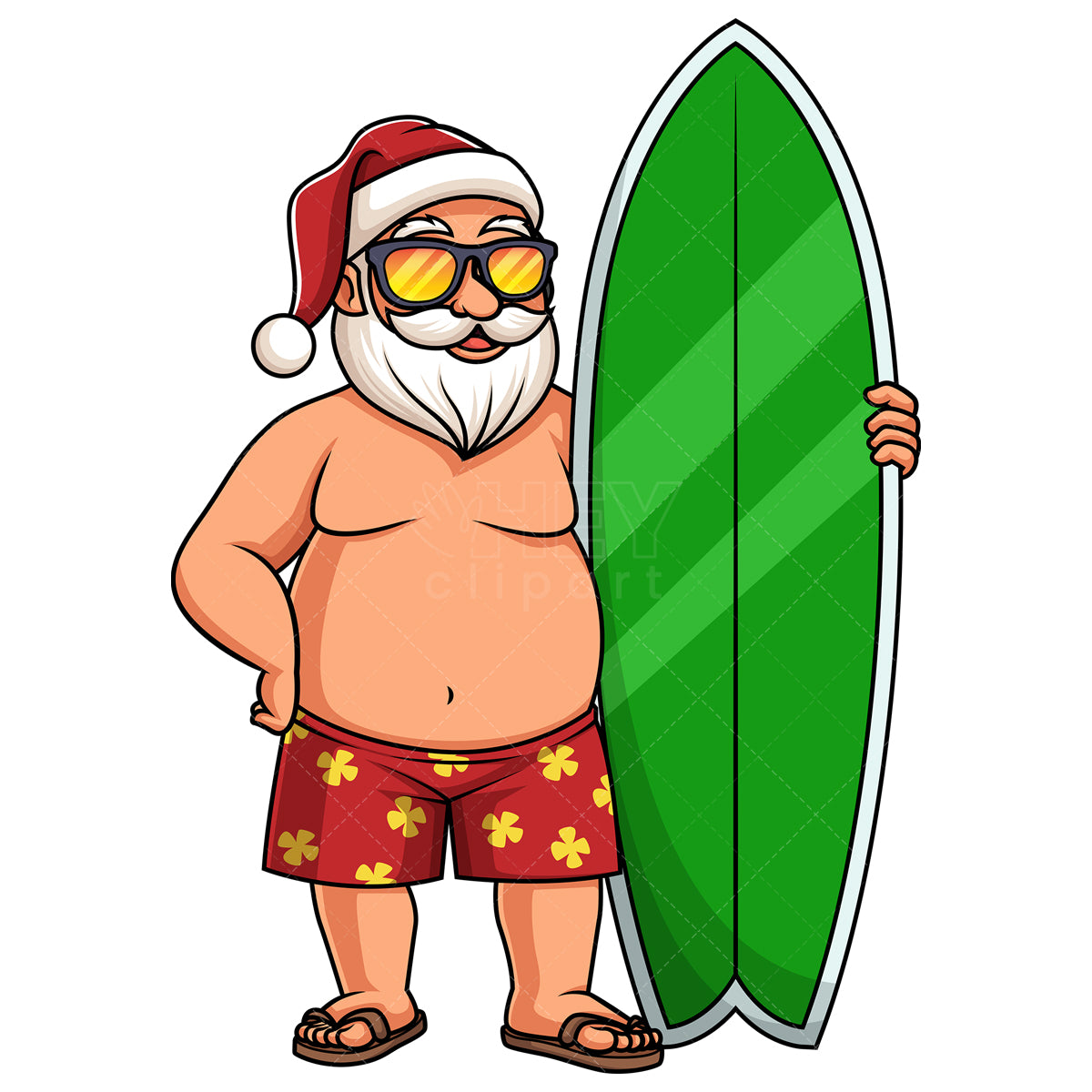 Royalty-free stock vector illustration of a summer santa claus with surfboard.