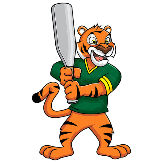 Royalty-free stock vector illustration of a tiger mascot holding a baseball bat.