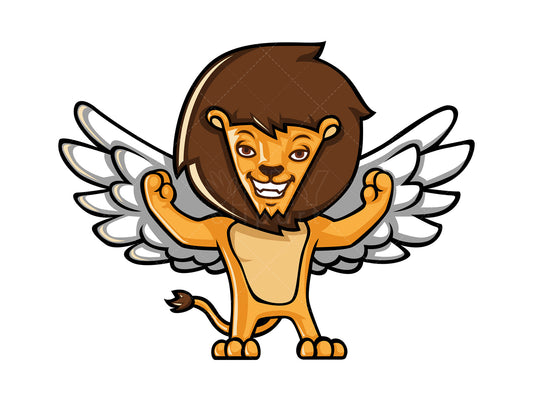 Royalty-free stock vector illustration of a winged lion flexing its muscles.