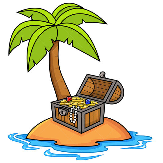Royalty-free stock vector illustration of  a treasure chest on a tropical island.