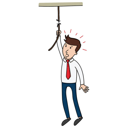 Royalty-free stock vector illustration of a businessman hanging by a thread.