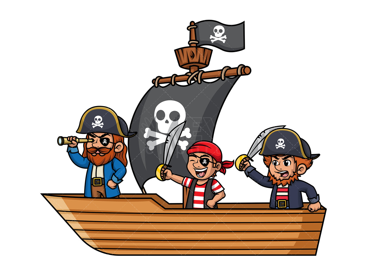 Royalty-free stock vector illustration of  a pirate crew aboard a ship with black sails.