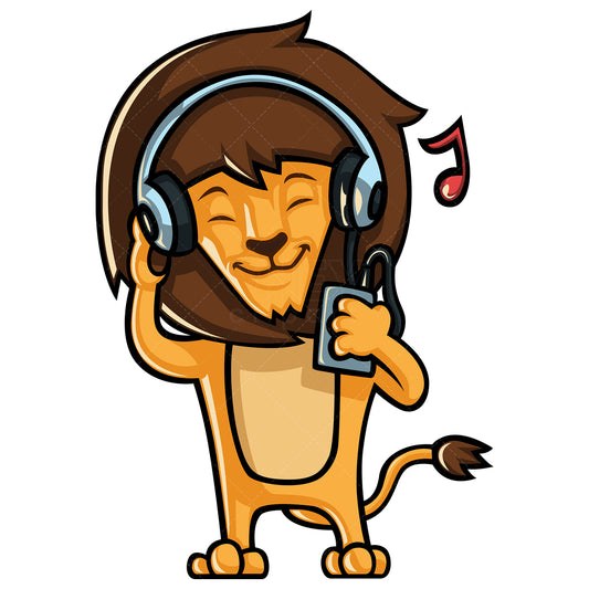 Royalty-free stock vector illustration of a lion listening to music.