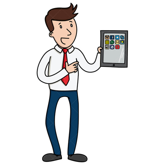 Royalty-free stock vector illustration of a businessman holding tablet.