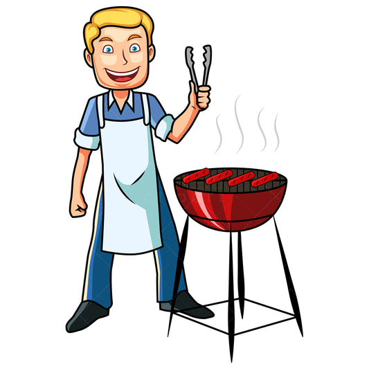 Royalty-free stock vector illustration of a man grilling delicious hot dogs.