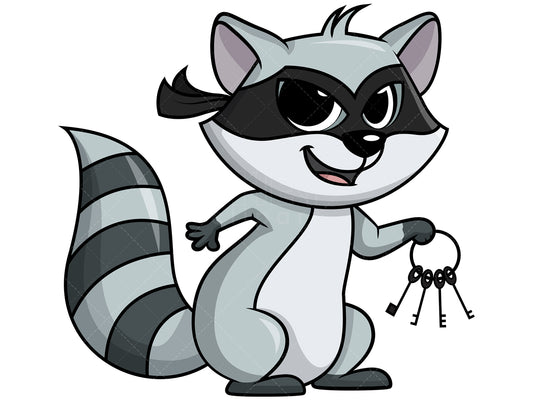 Royalty-free stock vector illustration of  a raccoon burglar holding keys.