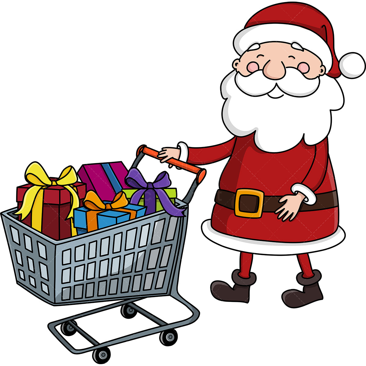 Royalty-free stock vector illustration of  a santa claus pushing shopping cart full of presents.