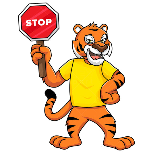 Royalty-free stock vector illustration of a tiger traffic controller holding stop sign.
