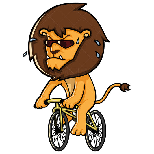 Royalty-free stock vector illustration of a lion riding a bike.