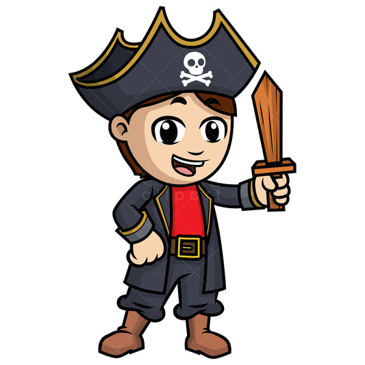 Royalty-free stock vector illustration of  a pirate kid holding wooden sword.