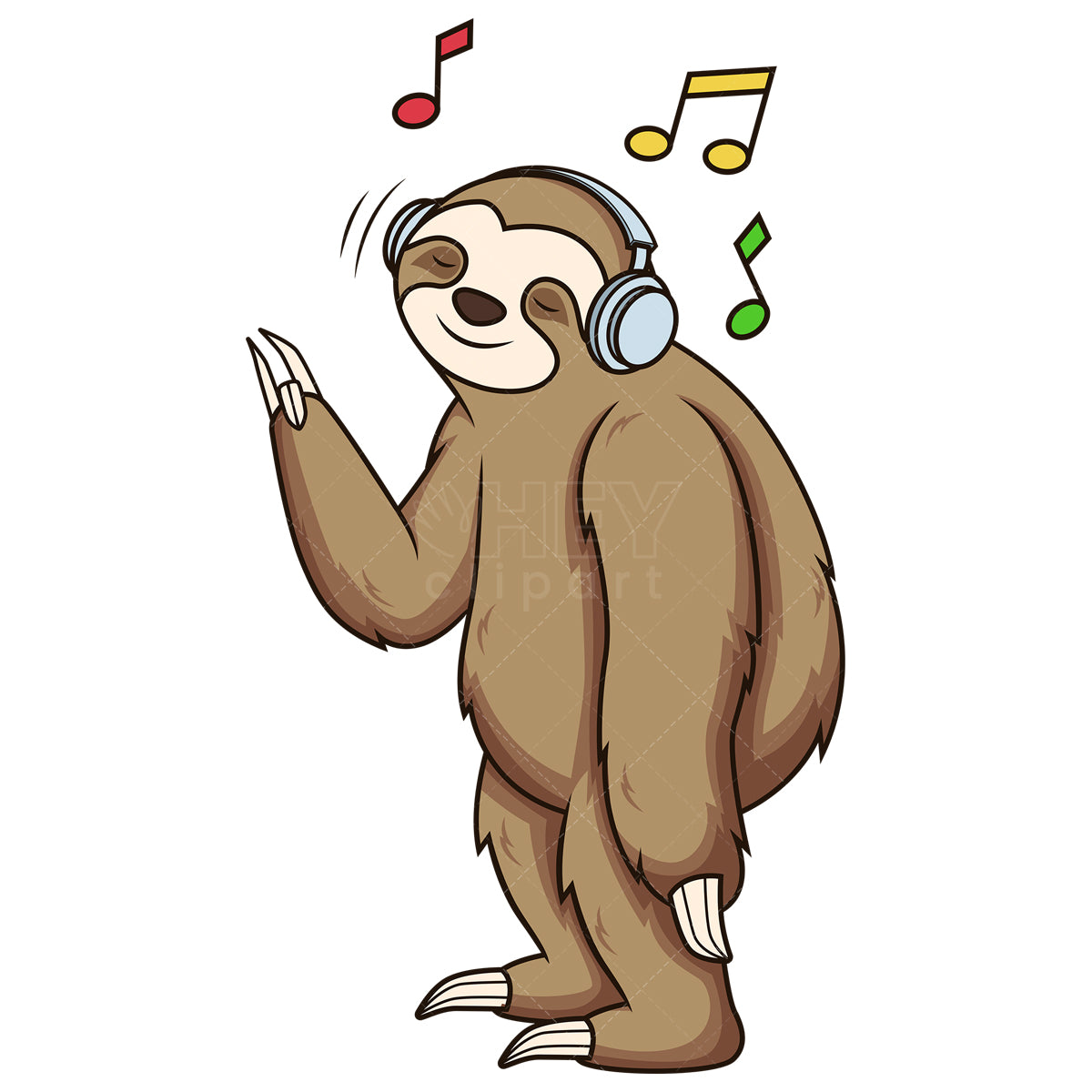 Royalty-free stock vector illustration of a sloth with headphones.
