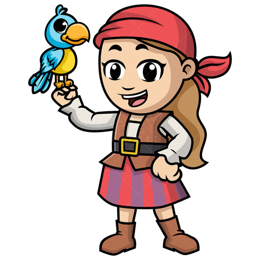 Royalty-free stock vector illustration of  a pirate girl holding parrot.