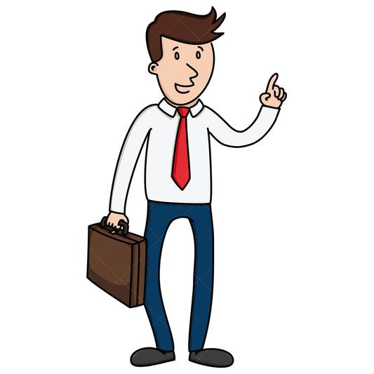 Royalty-free stock vector illustration of a businessman with briefcase pointing up.